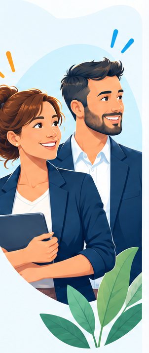 Une femme et un homme souriants, tournés vers l’avenir.