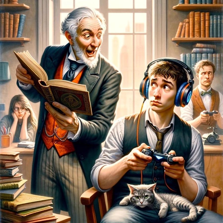 Un mentor sénior enthousiaste montre un livre à un jeune collaborateur casque sur les oreilles, manette en main.
